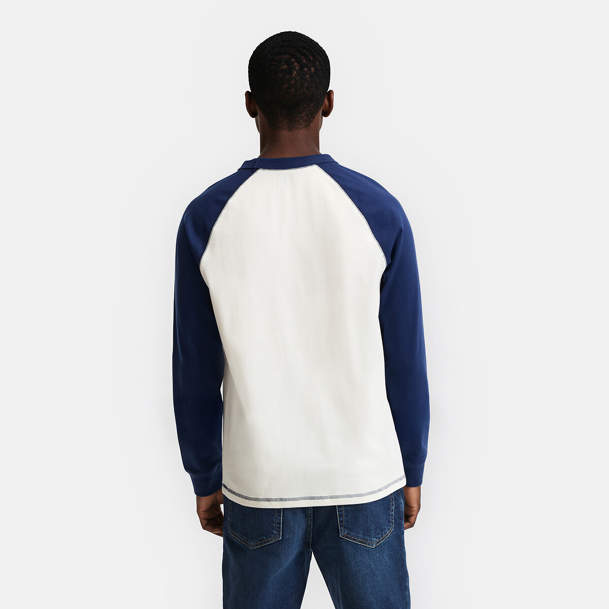 T-shirt girocollo maniche lunghe ecru + blu, LA REDOUTE COLLECTIONS
