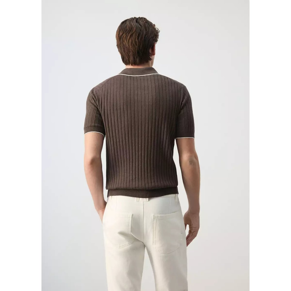 Polo côtelé en mélange de lin et lyocell marron, MANGO MAN