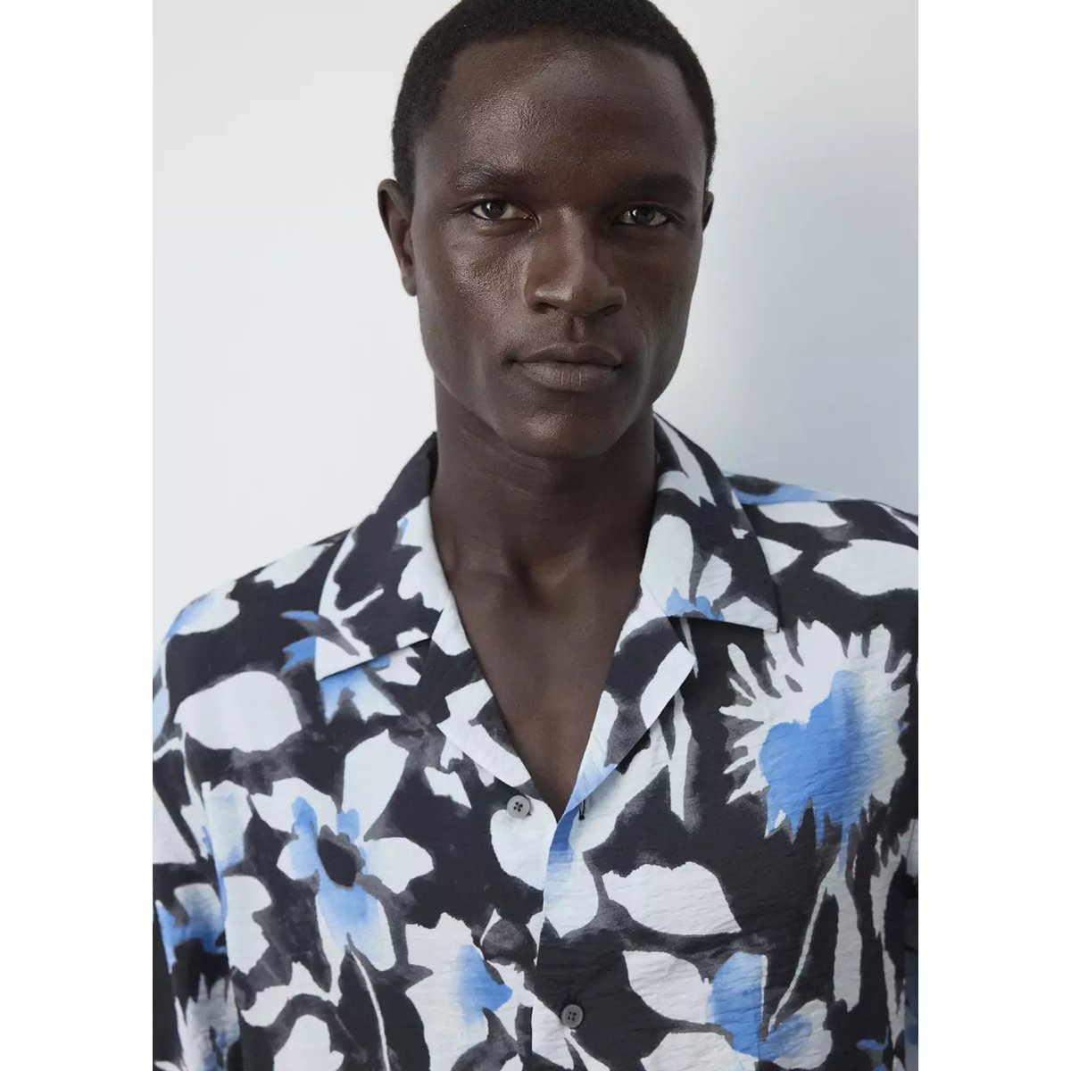 Chemise imprimée col bowling noir, MANGO MAN