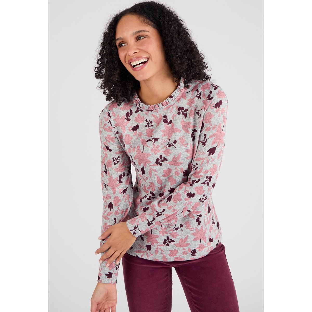 T-shirt col volanté maille chaude Thermolactyl rose feuillage, DAMART