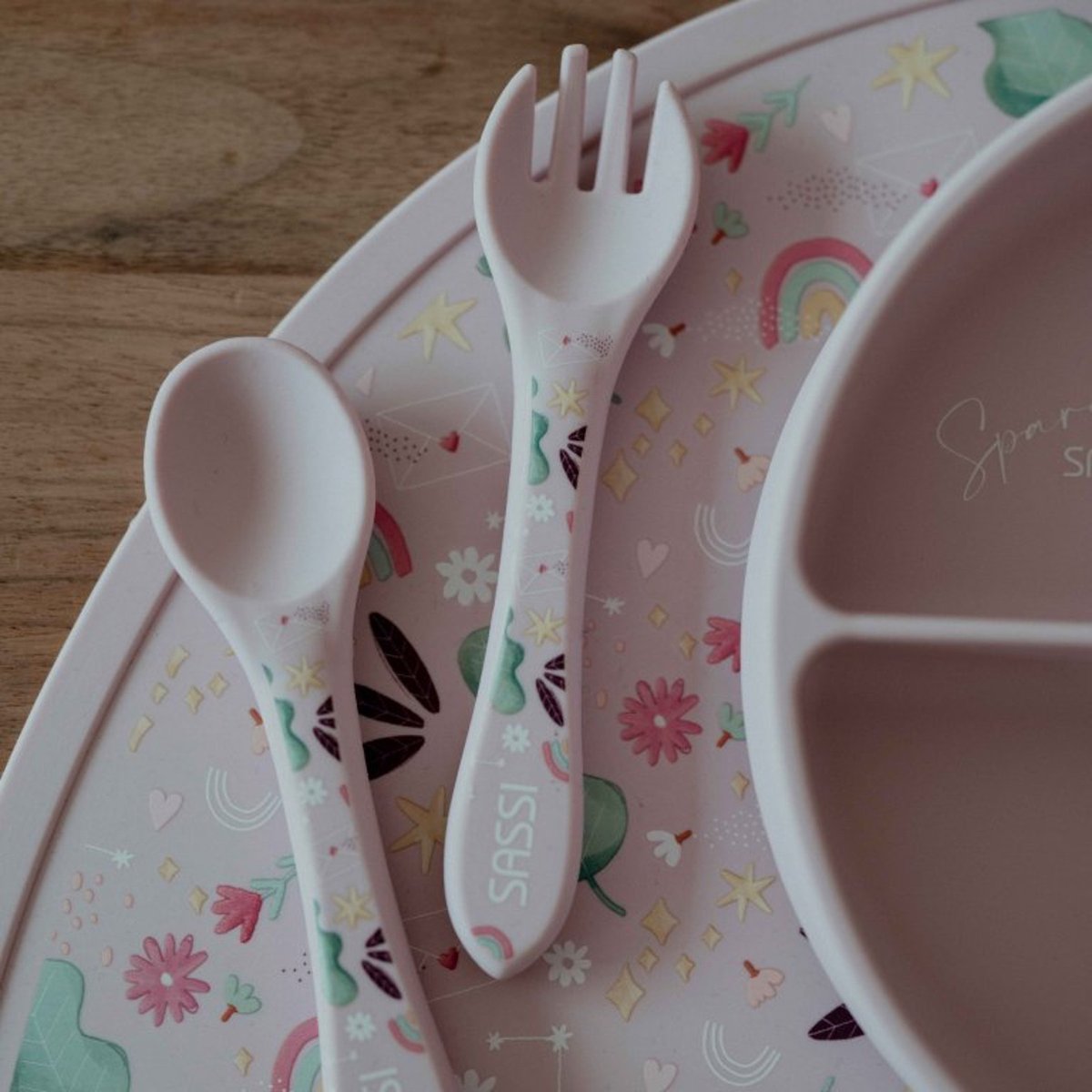 Set fourchette et cuillère en silicone ANIMAUX rose, SASSI