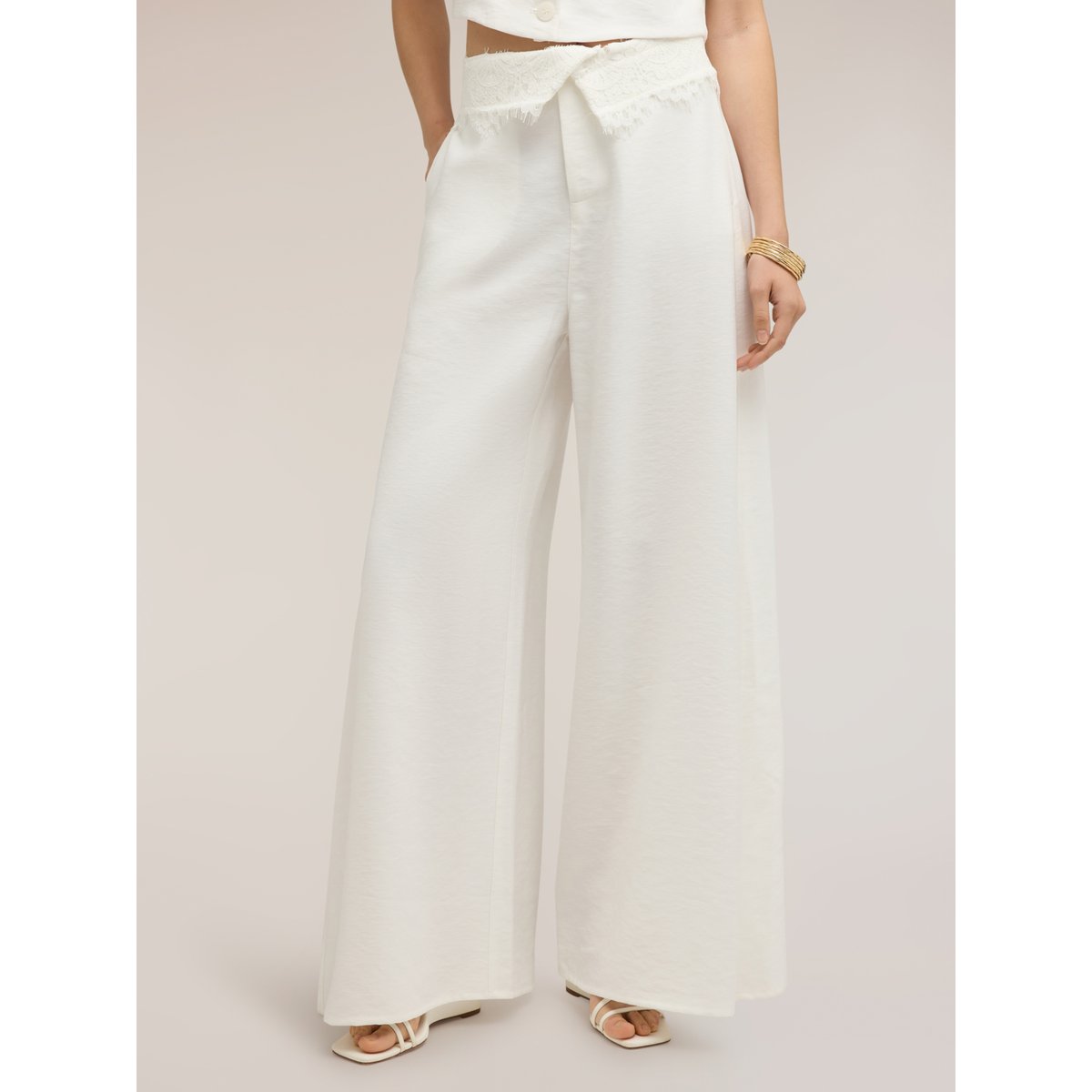 Pantalon palazzo avec détail en dentelle blanc, MOTIVI