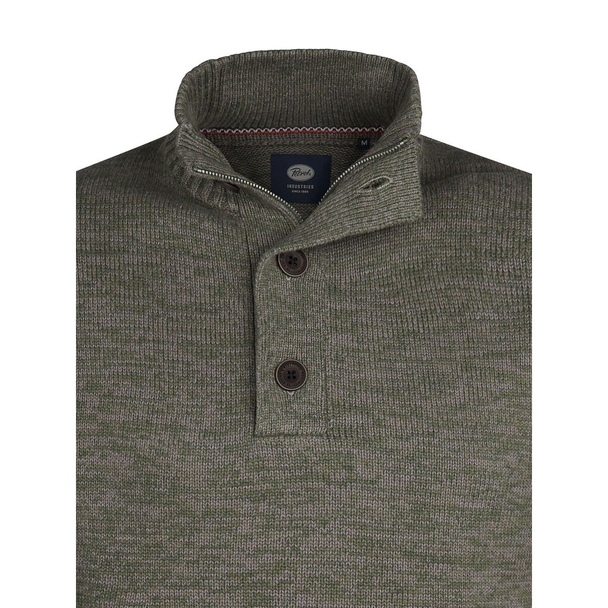 Cotton Mix Buttoned Jumper with High Neck khaki green, PETROL INDUSTRIES