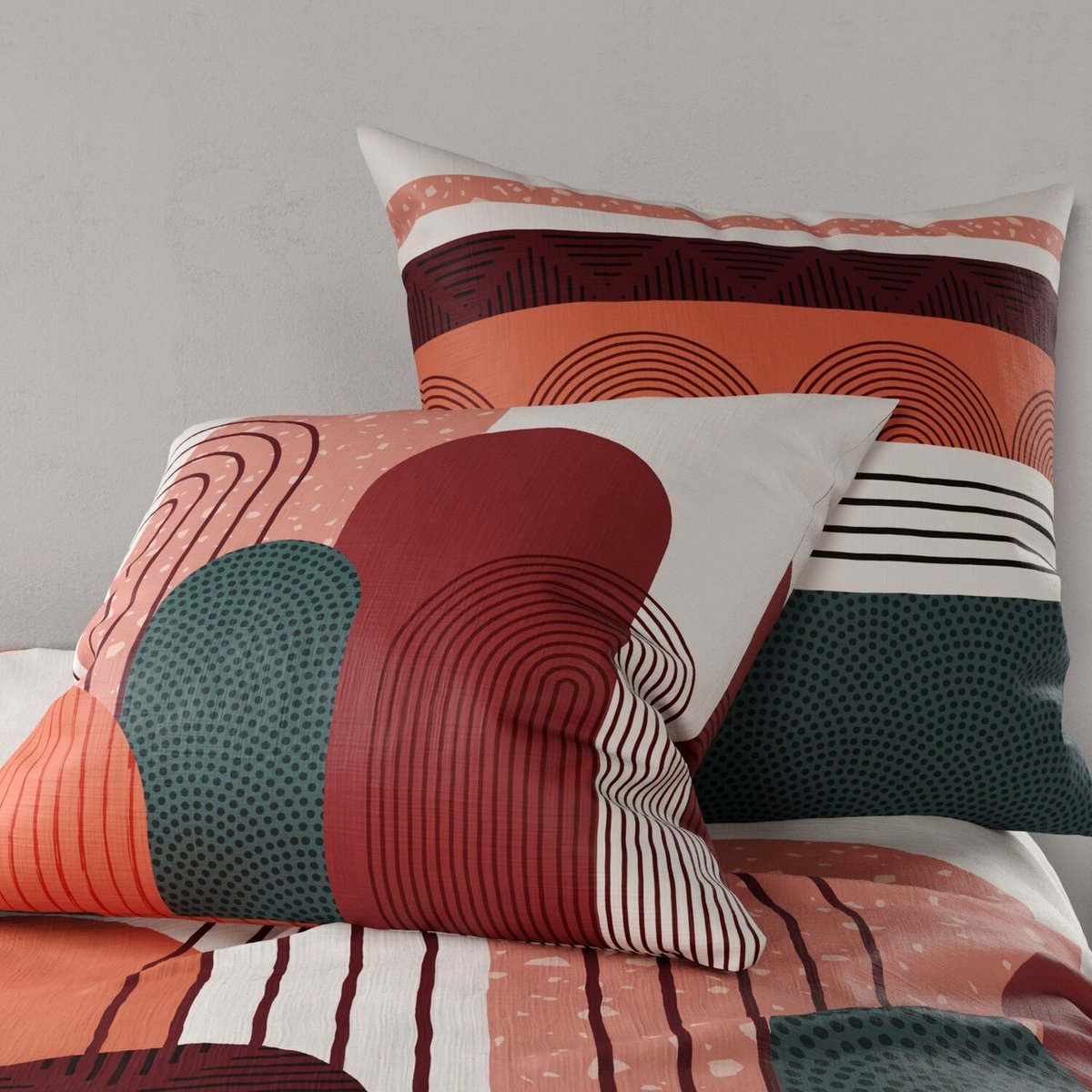 Parure housse de couette imprimée avec taie(s) coton, Galio rouge, ATELIER DU COTON
