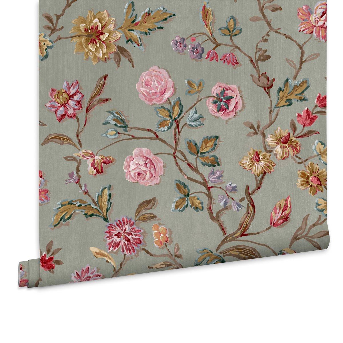 Papier peint Roses, tulipes et fleurs de jardin Lingmell Trail multicolore sur fond vert, LAURA ASHLEY