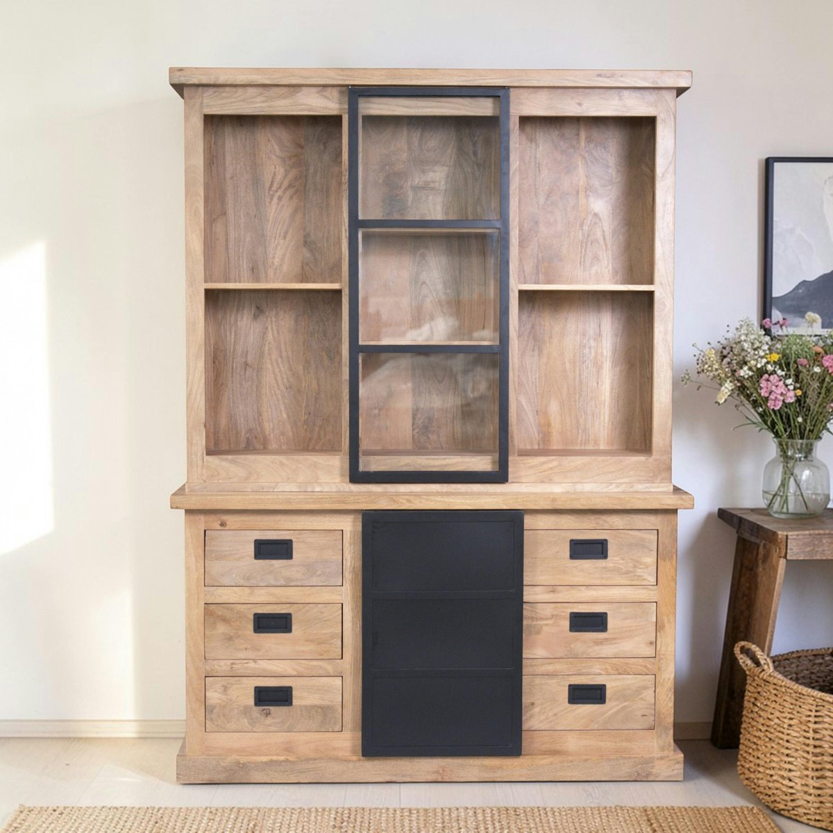 Vaisselier industriel moderne à portes coulissantes 160 cm CEYLAN bois naturel, PIER IMPORT