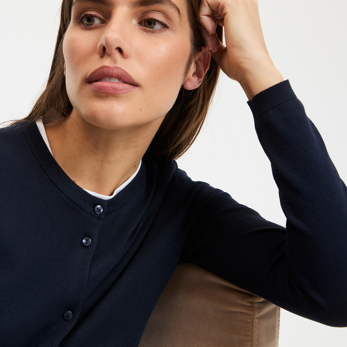 Cardigan boutonné, col rond, en fine maille bleu marine, LA REDOUTE COLLECTIONS