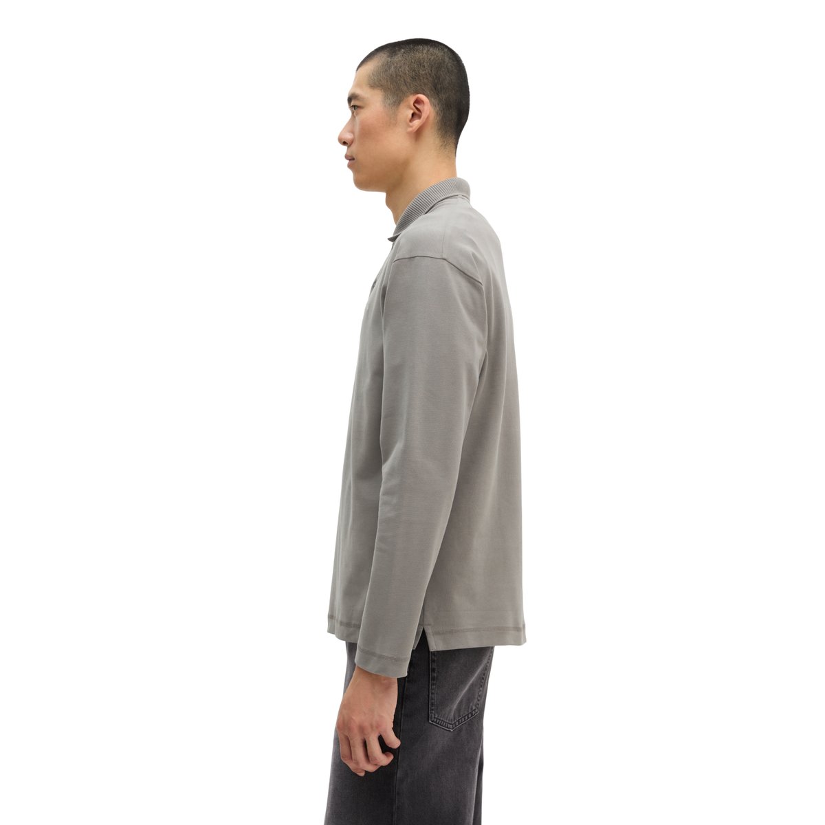 Polo à manches longues relaxed en jersey de coton bio épais gris, MARC O'POLO