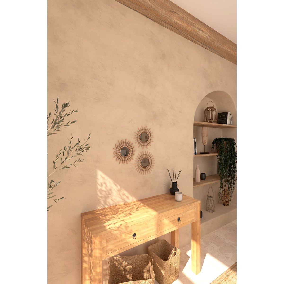 Ensemble de 3 miroirs soleil en rotin AIDA beige, ATMOSPHERA