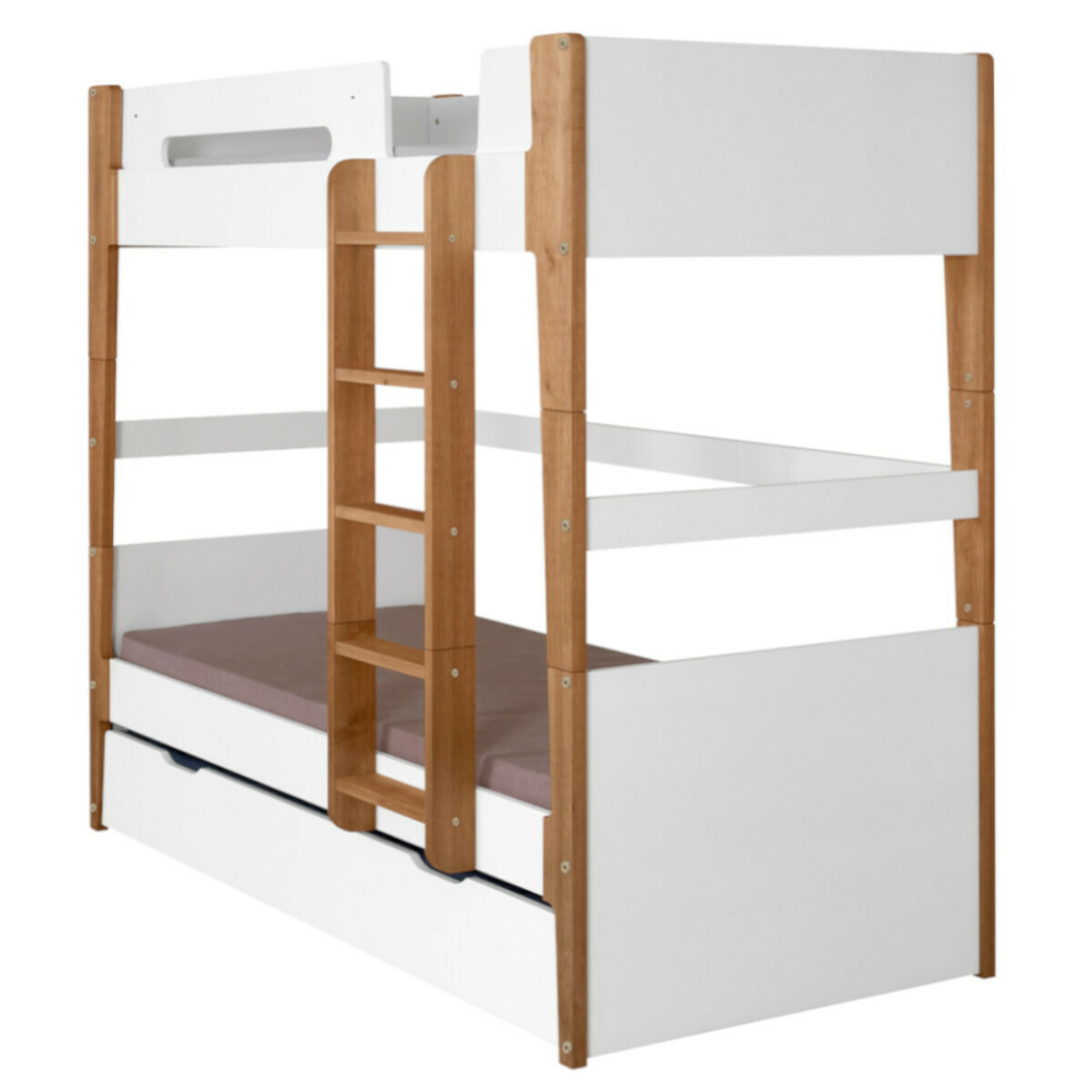 Pack lit superposé gigogne avec 3 matelas Bois massif  ROMY blanc et bois, AKITEN RETAIL