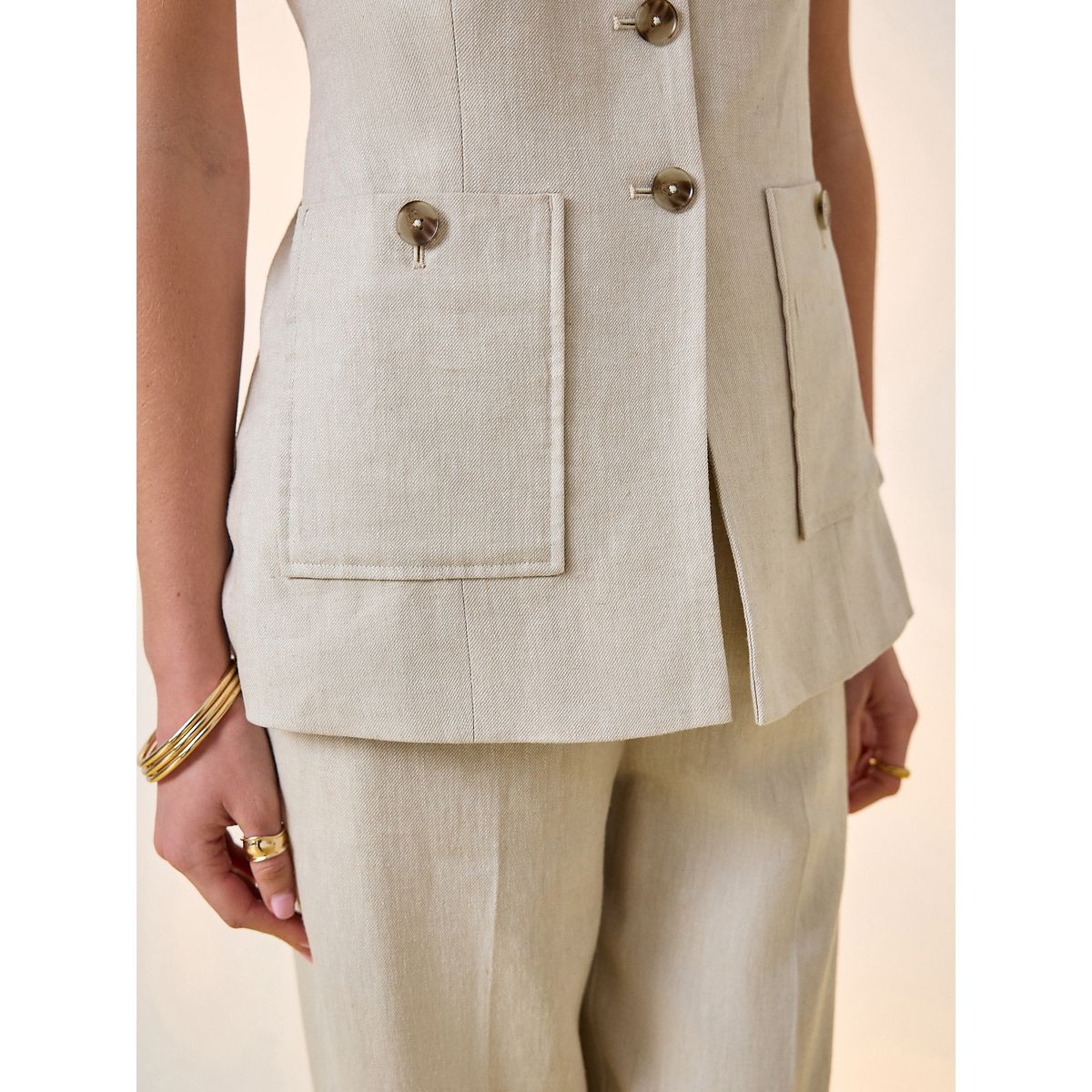 Gilet costume lin majoritaire col beige neutre, NEXT