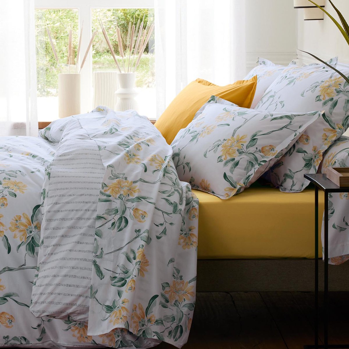 Parure de lit 3 pièces percale de coton floral housse de couette + taies vert, TRADILINGE