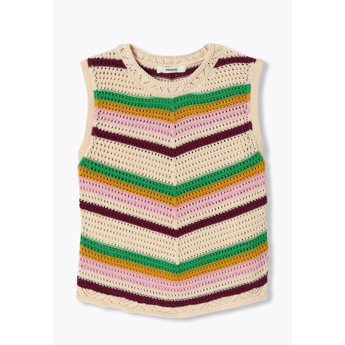 Pull sans manches en crochet rayé écru, PROMOD