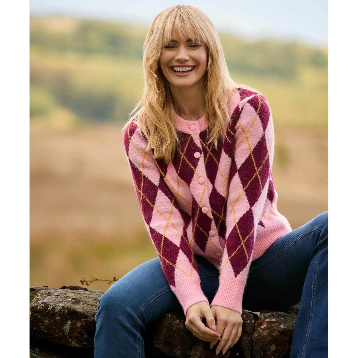 Superbe Cardigan Motif Argyle rose, JOE BROWNS