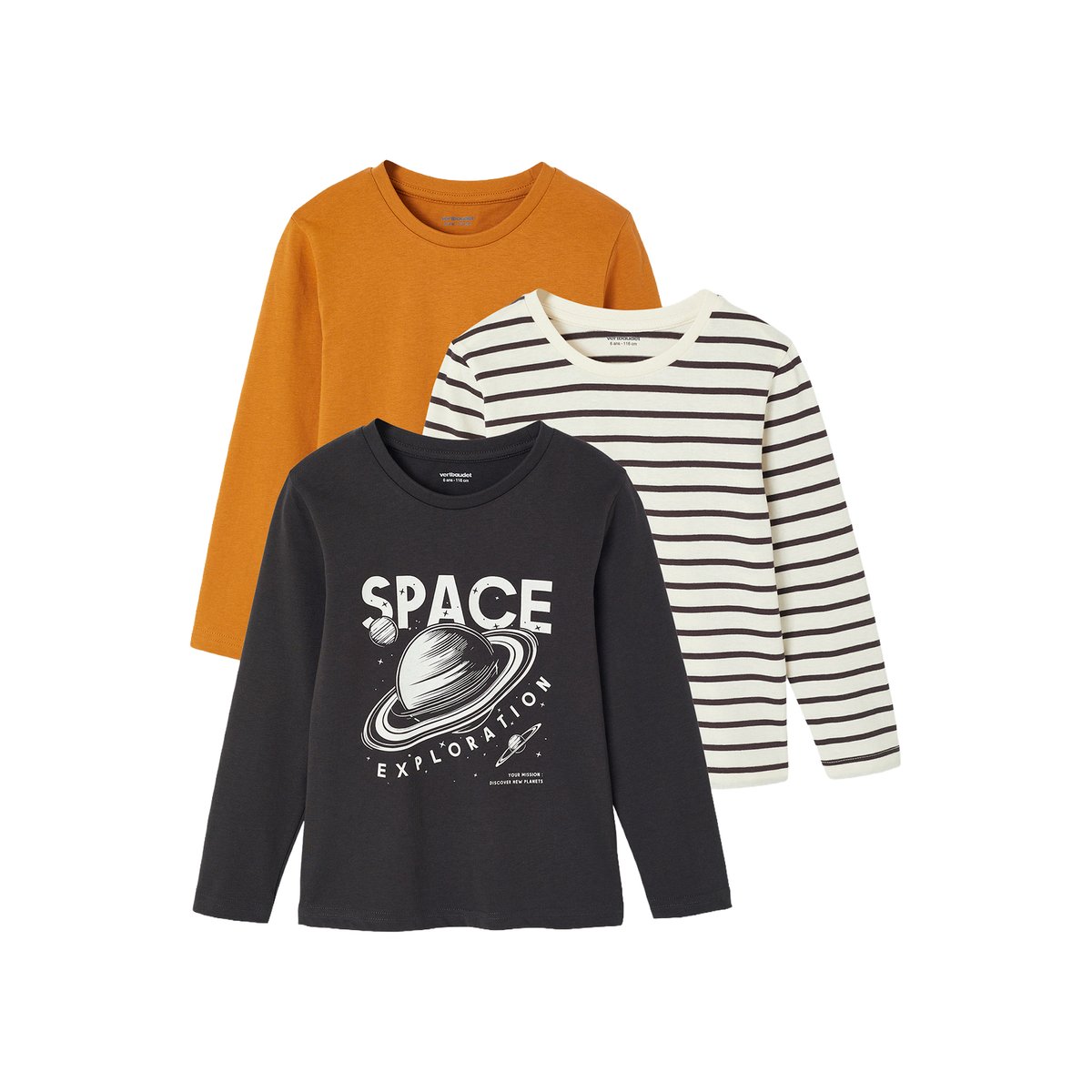 Lot de 3 T-shirts manches longues anthracite, VERTBAUDET