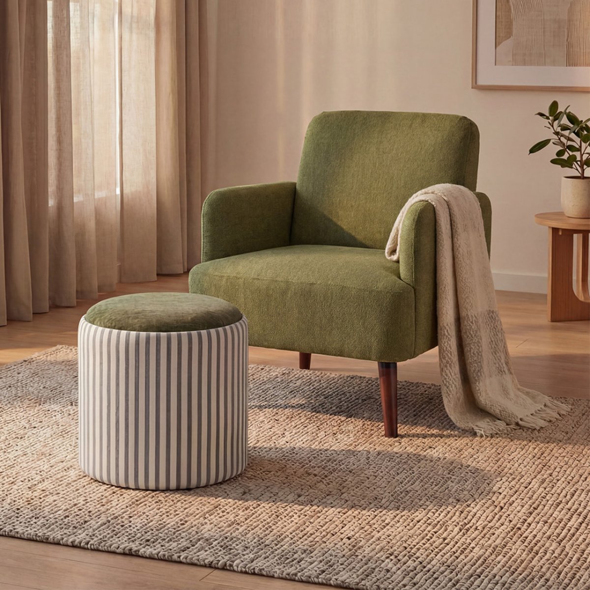 Pouf avec rangement à rayures convertible en table d'appoint  40cm- ZOE vert, DRAWER