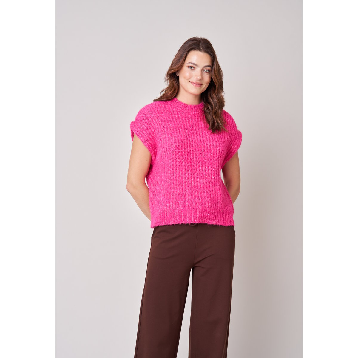 Pull à manches courtes femme en maille douce SYLBIA rose, DEELUXE