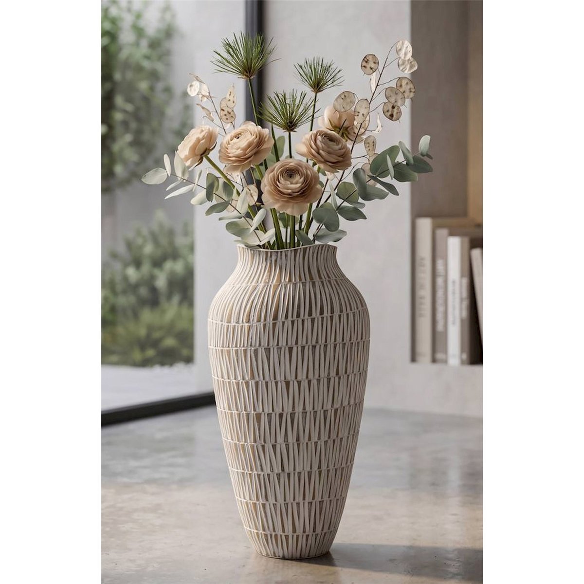 Vase motif géométrique gravé en relief MODERN doré et blanc, RECOLLECTION