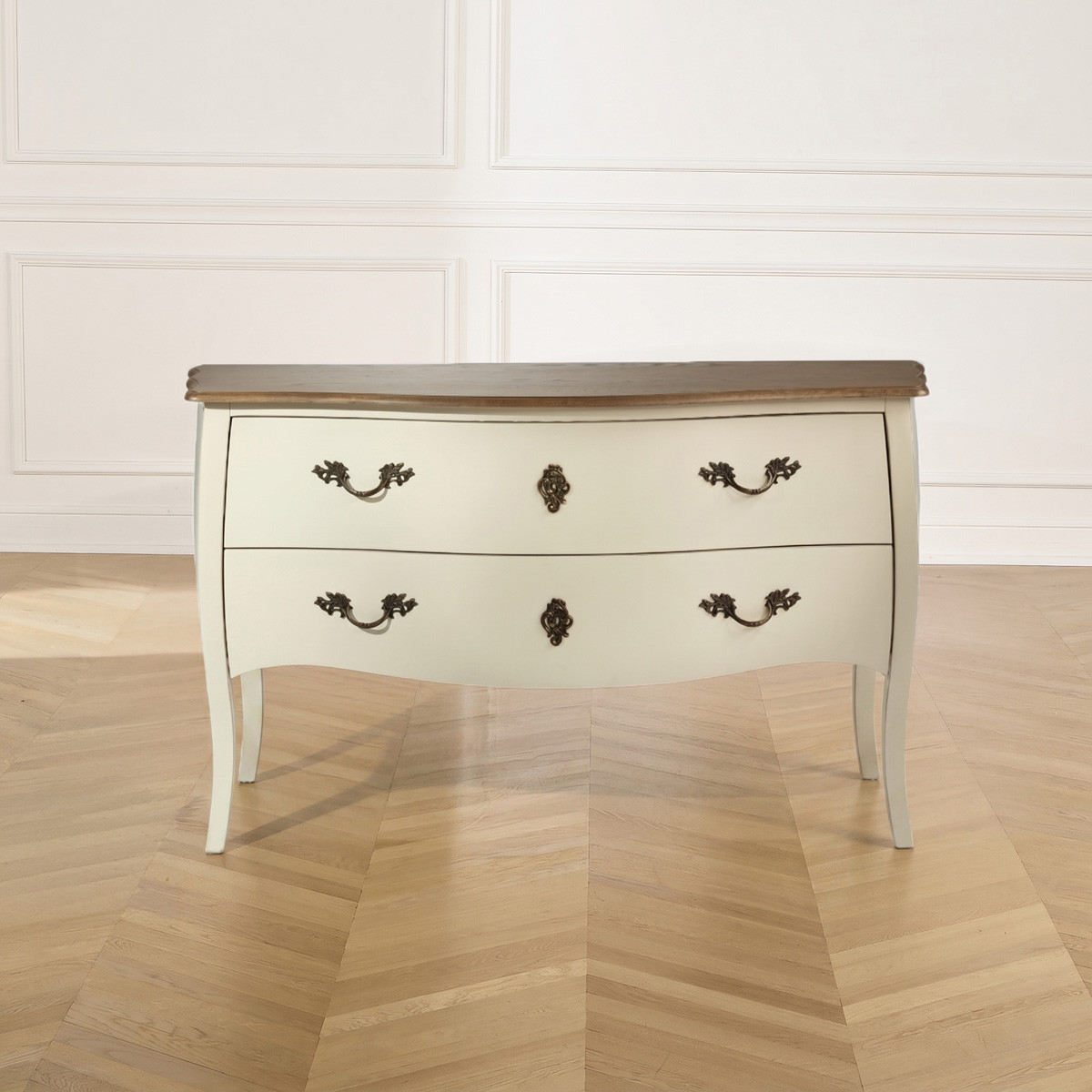 Commode style shabby chic, plateau en chêne, 2 tiroirs ALIENOR blanc, ROBIN DES BOIS