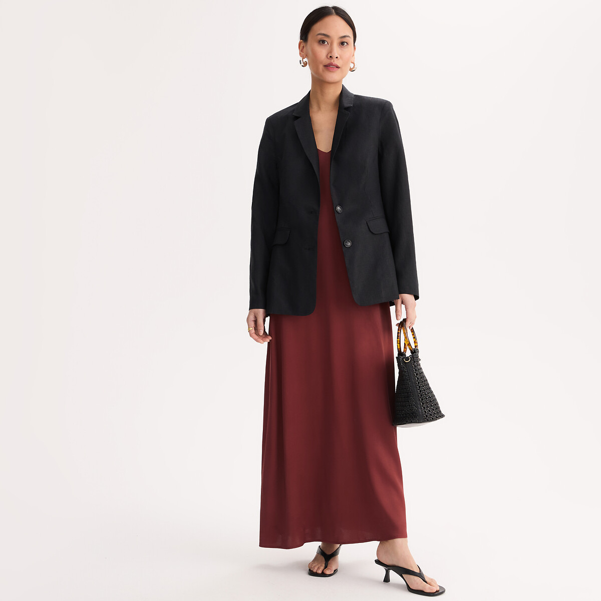 Blazer in lino taglio dritto nero , ANNE WEYBURN