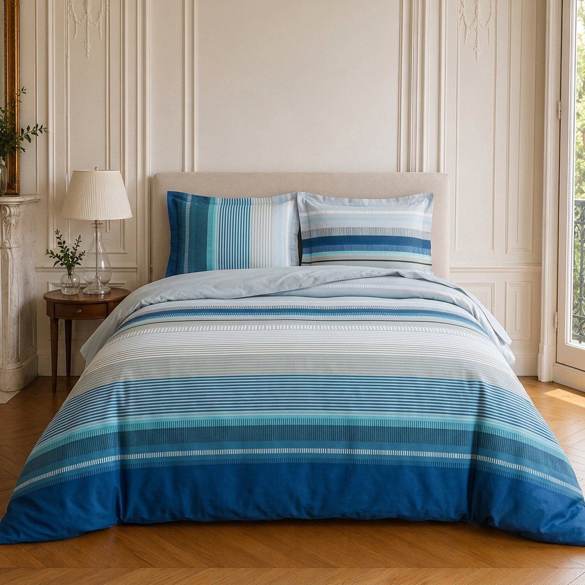 Parure de lit en microfibre rayures, BINGO bleu, C DESIGN HOME TEXTILE