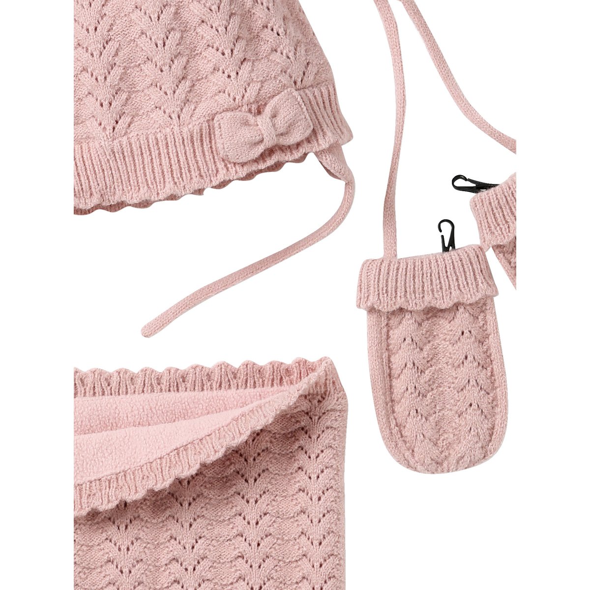 Ensemble bonnet, snood et moufles rose poudré, VERTBAUDET