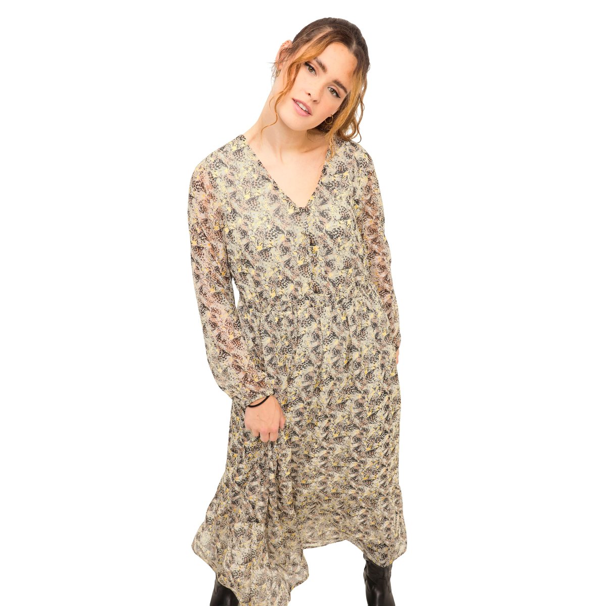 Robe maxi coupe trapèze avec imprimé léopard taupe, STUDIO UNTOLD