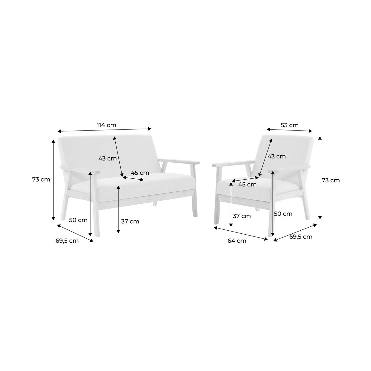 Banquette 2 places + fauteuil 1 place bois d'hévéa velours côtelé ISAK taupe, SWEEEK