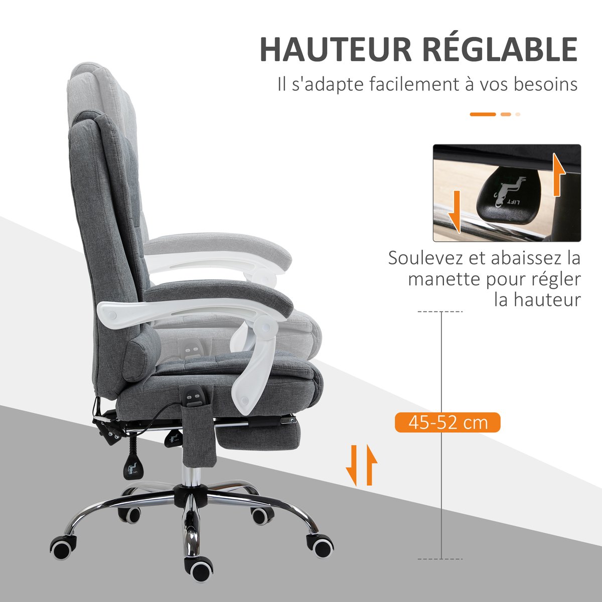 Fauteuil de bureau avec fonction massage gris, HOMCOM