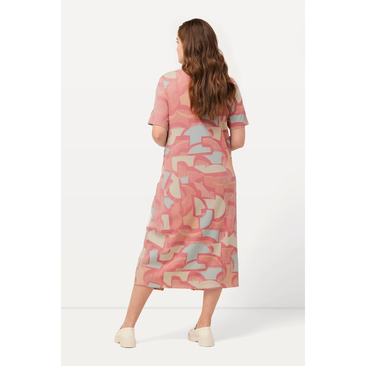 Robe maxi, ruban à froncer, col V vieux rose tendre, ULLA POPKEN
