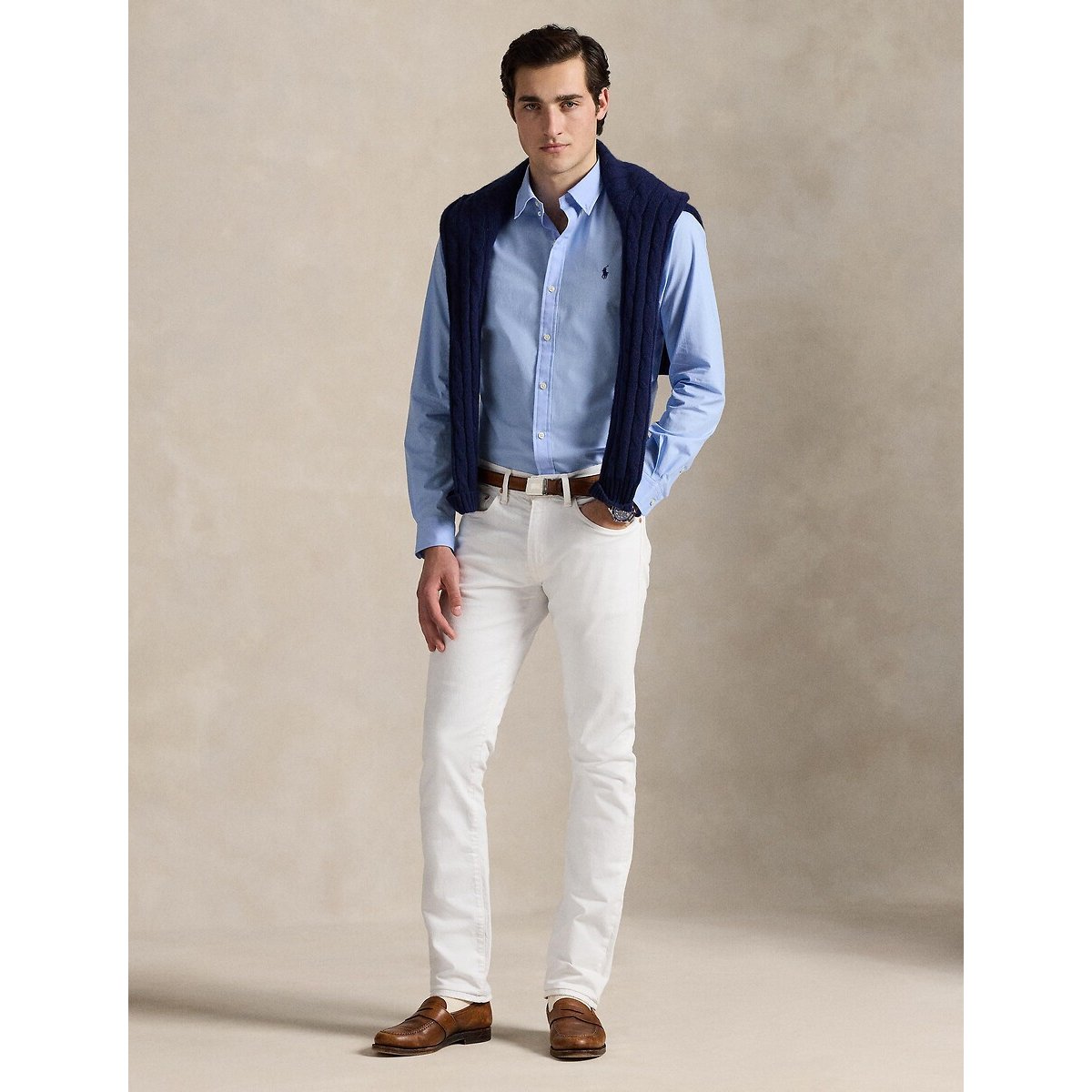 Camicia aderente chino con logo ricamato blu chiaro, POLO RALPH LAUREN