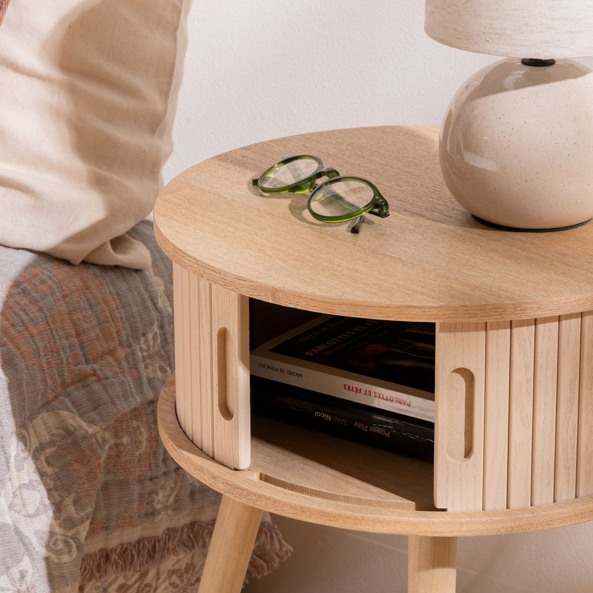 Table basse ronde 2 portes en bois NYOS beige, ATMOSPHERA