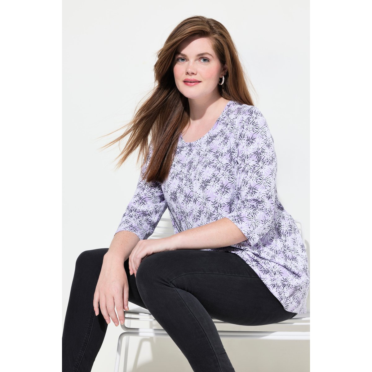 T-shirt à fleurs, col rond et manches 3/4 lavande, ULLA POPKEN