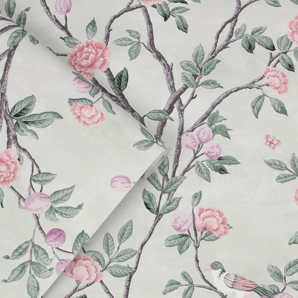 Papier peint Oiseaux Fleurs Eglantine vert d'eau, LAURA ASHLEY