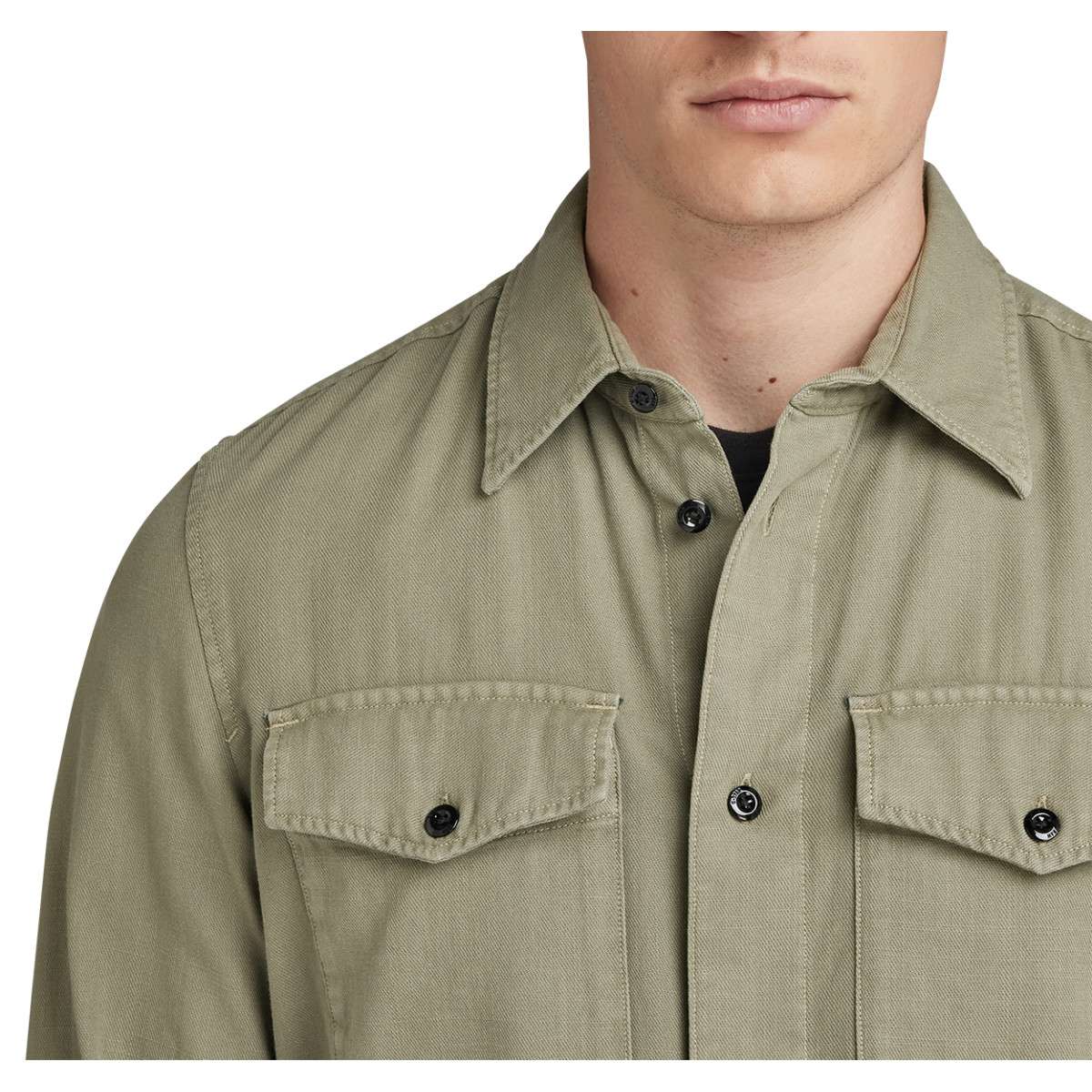 Chemise en coton bleu marine unie avec une coupe slim et un col à revers vert, G-Star RAW