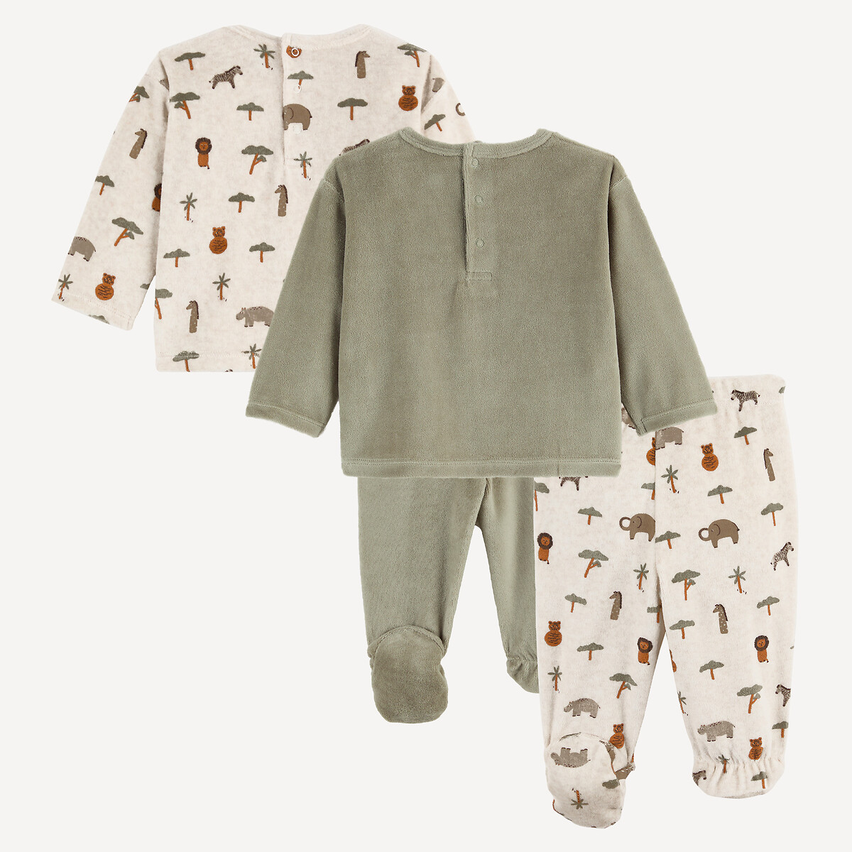 Lot de 2 pyjamas 2 pièces, en velours, avec pieds, motifs savane et animalier assortis, LA REDOUTE COLLECTIONS