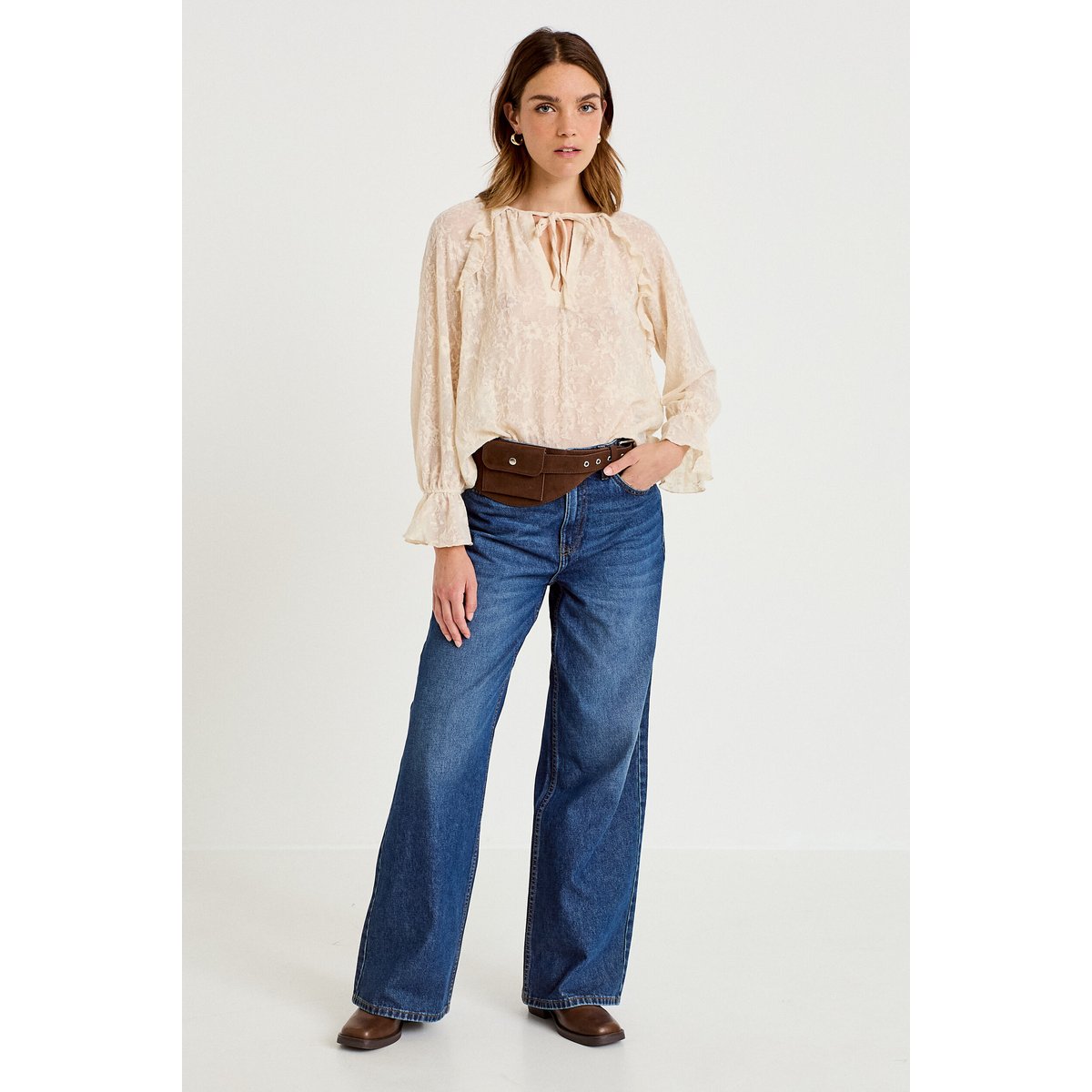 Blouse droite manches longues col rond ecru, CACHE CACHE