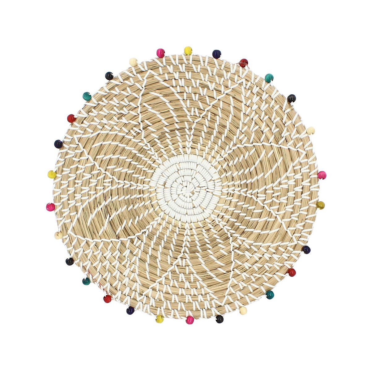 Panier rond en jonc de mer et perles de bois naturel, NOW'S HOME