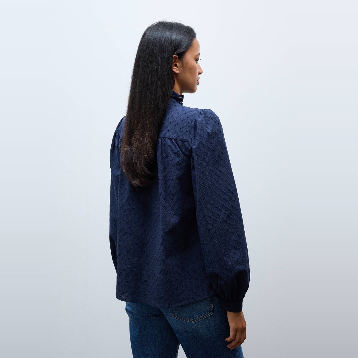 Blouse manches longues brodée en coton marine, MONOPRIX