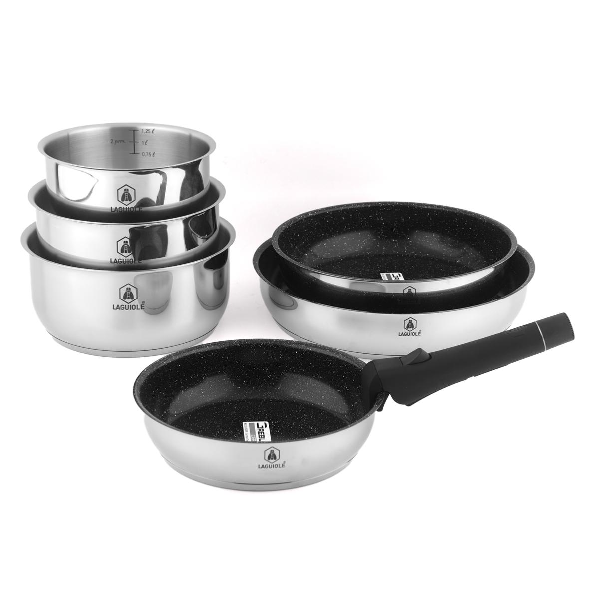 Set de 7 pièces inox amovible antiadhésif - "Réactif" couleur unique, LAGUIOLE CUISSON