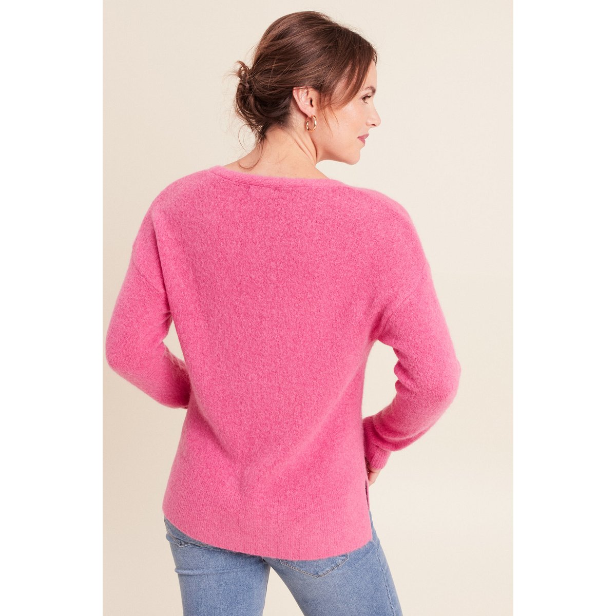 Pull col v manches longues rose fushia, BREAL
