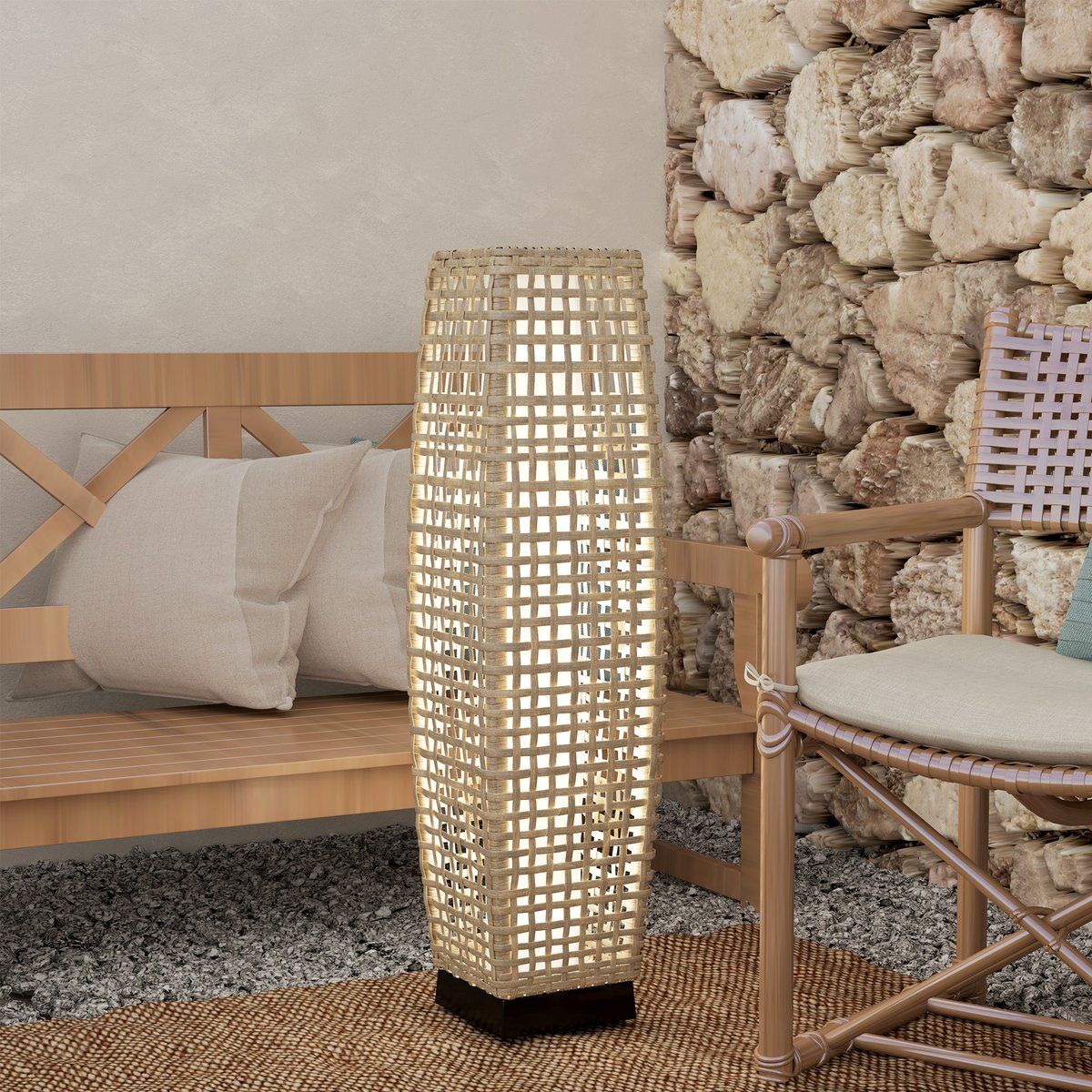 Lampadaire LED solaire de jardin style colonial résine filaire beige, OUTSUNNY