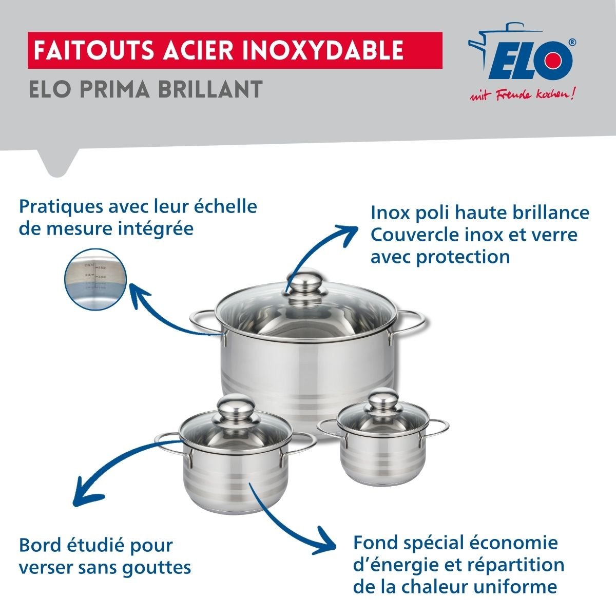 Batterie 2 poêles 28/32cm + 3 faitouts 12/14/24cm PROFI BRILLANT inox, ELO