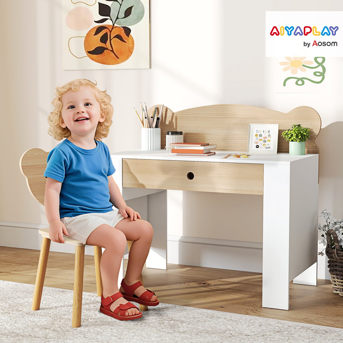 Bureau d'étude pour enfants avec chaise MDF bois naturel et blanc, AIYAPLAY