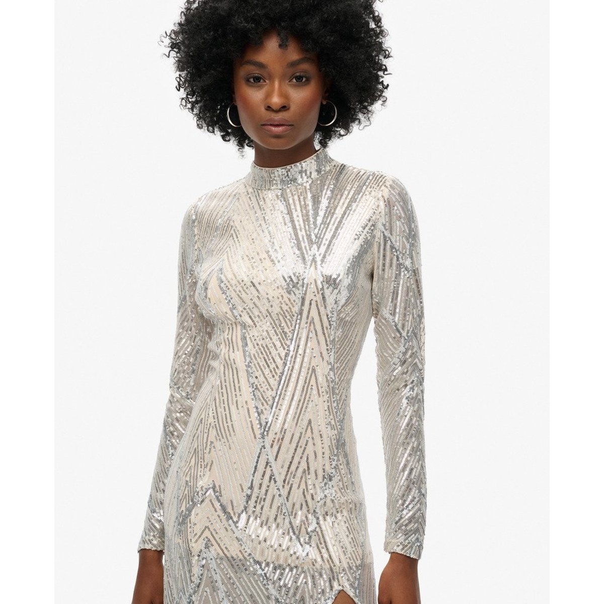 Robe mi-longue à manches longues et dos ouvert sequins argentés, SUPERDRY