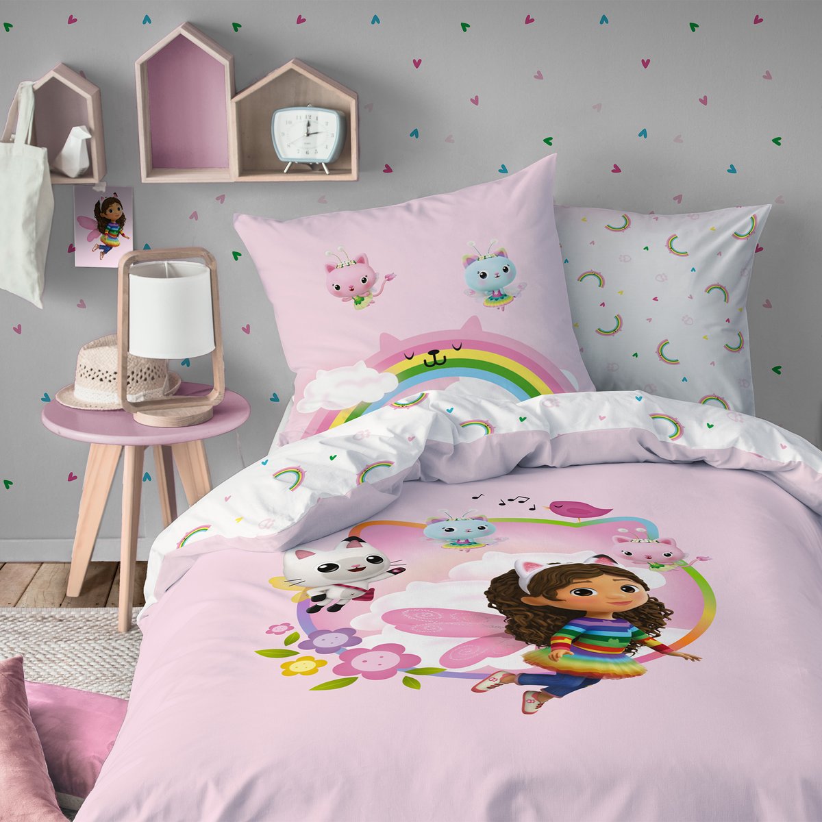 Parure de lit imprimée + drap housse 100% coton, GARDEN rose, GABBY ET LA MAISON MAGIQUE