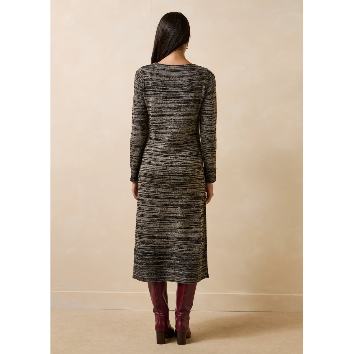 Robe en maille rayée manches longues noir/chanvre, LA FEE MARABOUTEE