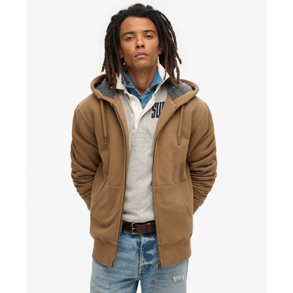 Sweat à capuche zippé et doublé en peau lainée caramel, SUPERDRY