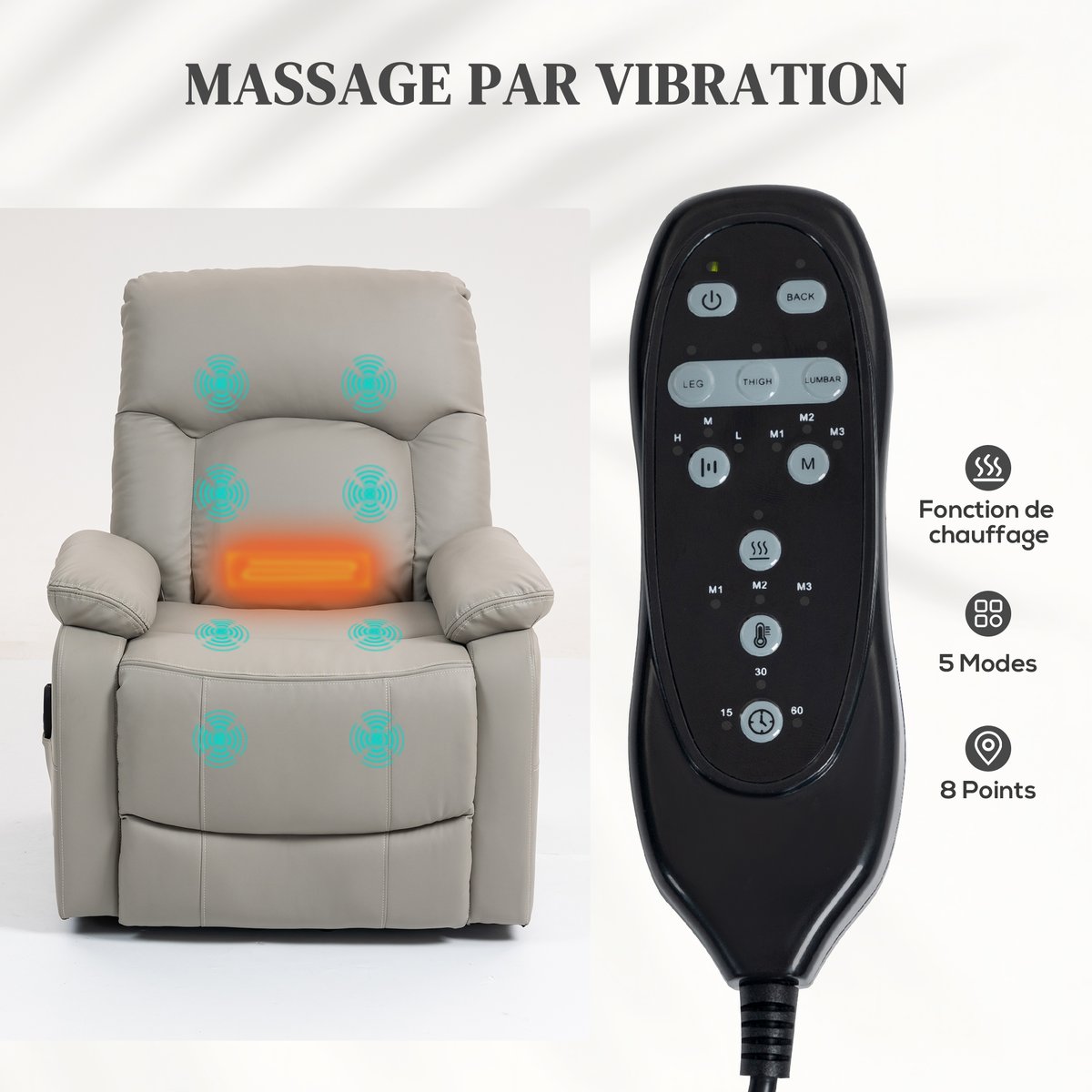 Fauteuil releveur électrique Revêtement gris clair, HOMCOM