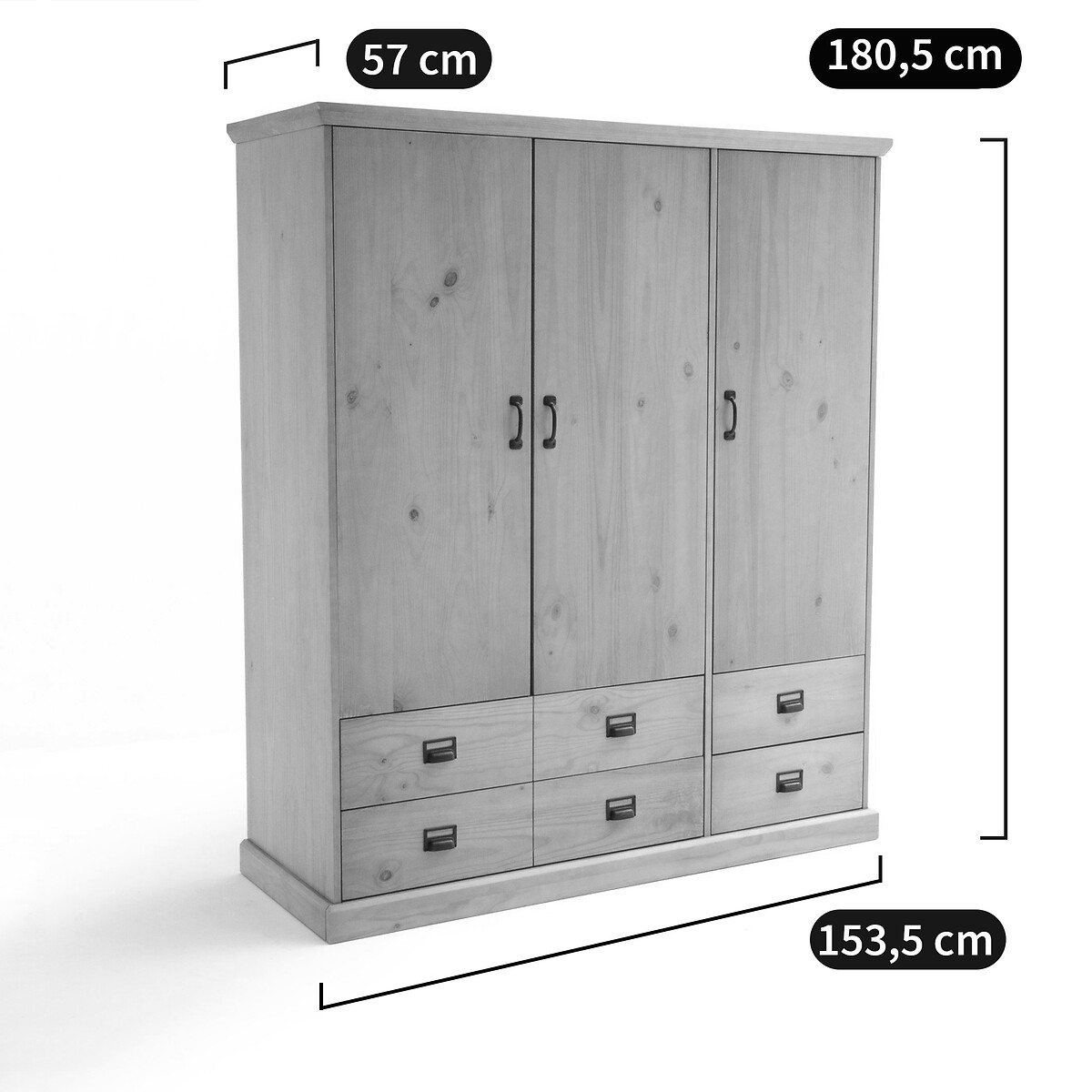 Armoire 3 portes, 4 tiroirs, 2/3 penderie, Lindley bois foncé chêne, LA REDOUTE INTERIEURS